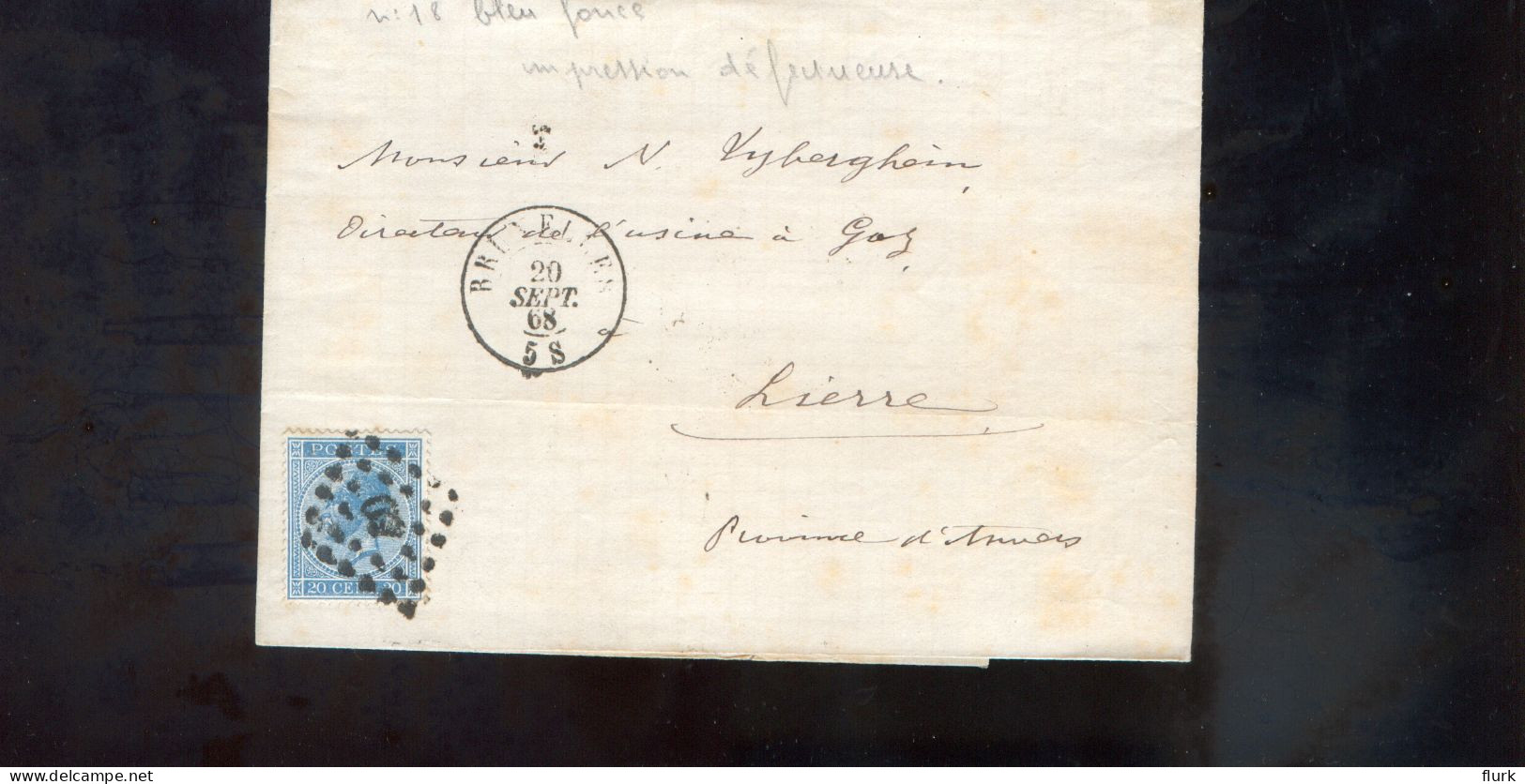België OCB18 Gestempeld Op Brief Bruxelles-Lierre 1868 Perfect (2 Scans) - 1865-1866 Profilo Sinistro