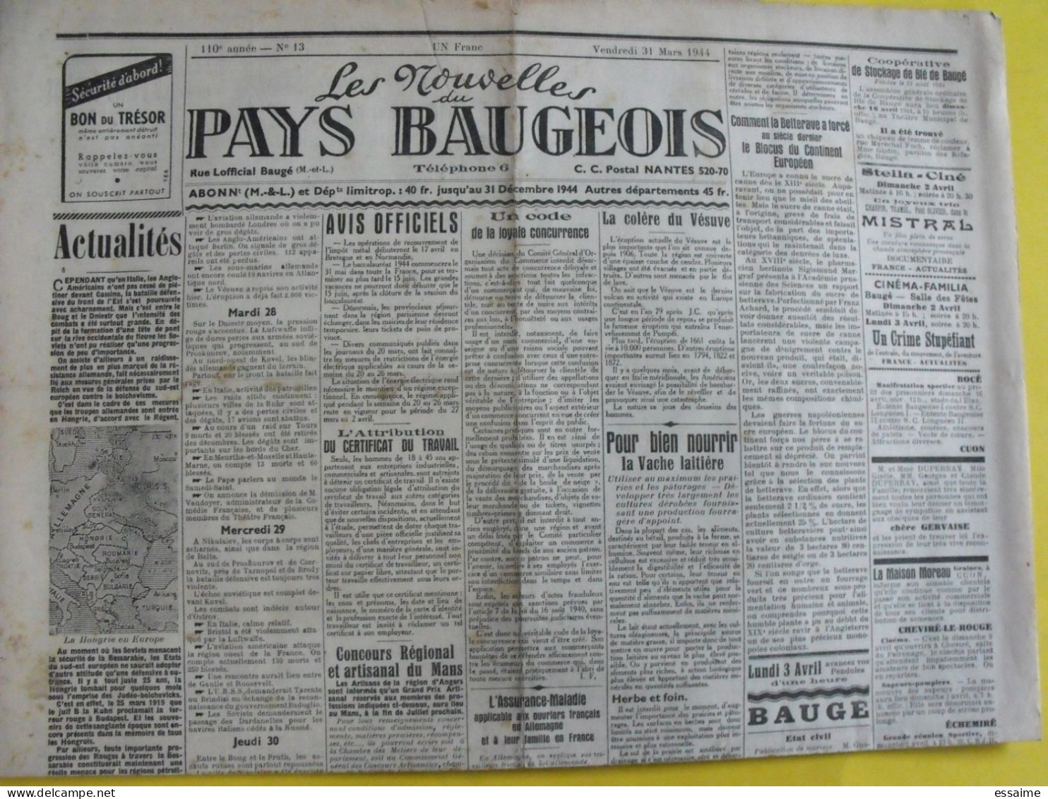 Journal Les Nouvelles Du Pays Baugeois. Baugé (49). N° 13 Du 31 Mars 1944. Rare Journal Local Collaboration Antisémite. - Autres & Non Classés