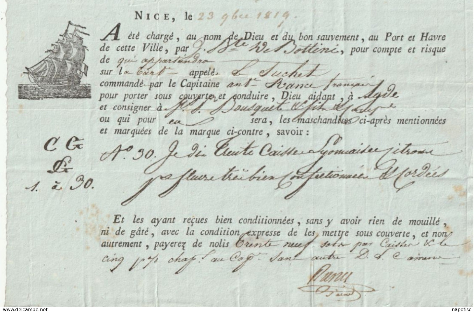 Connaissement De Bottini .Navire Le Suchet  Capitaine A.Rance ...Nice 1819 - Transports