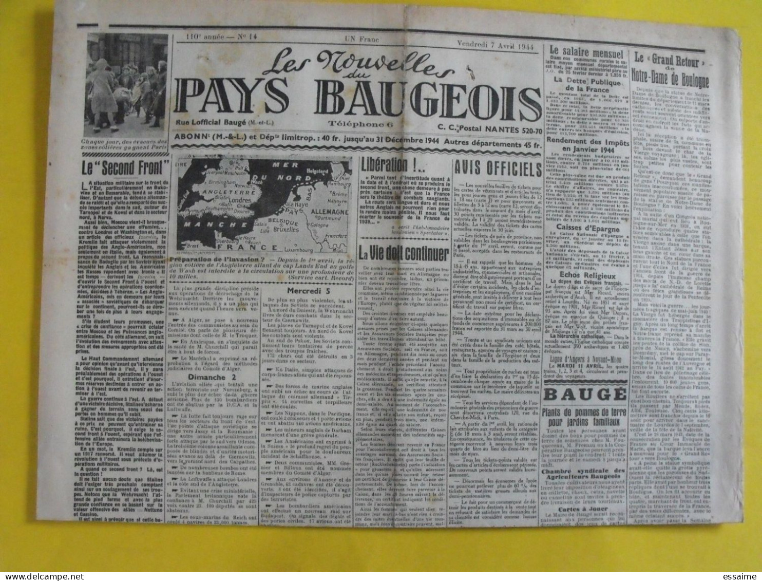 Journal Les Nouvelles Du Pays Baugeois. Baugé (49). N° 14 Du 7 Avril 1944. Rare Journal Local Collaboration Antisémite. - Other & Unclassified