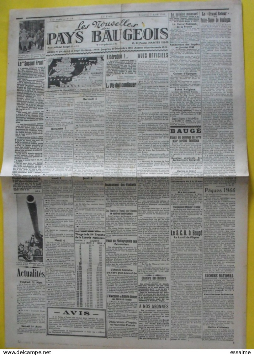 Journal Les Nouvelles Du Pays Baugeois. Baugé (49). N° 14 Du 7 Avril 1944. Rare Journal Local Collaboration Antisémite. - Autres & Non Classés