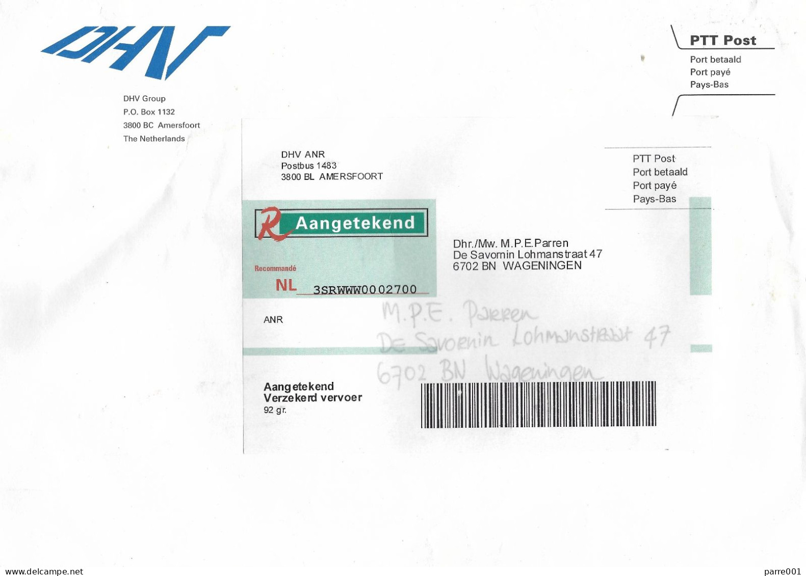 Nederland Netherlands 2002 Amersfoort Company Label Postage Paid Insured Registered Cover - Brieven En Documenten