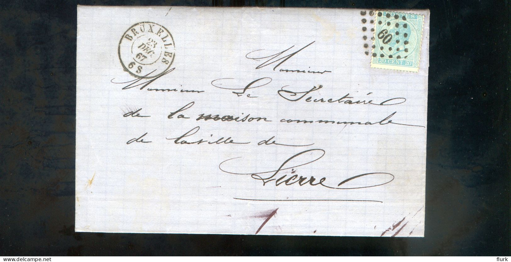 België OCB18 Gestempeld Op Brief Bruxelles-Lierre 1867 Perfect (2 Scans) - 1865-1866 Profilo Sinistro