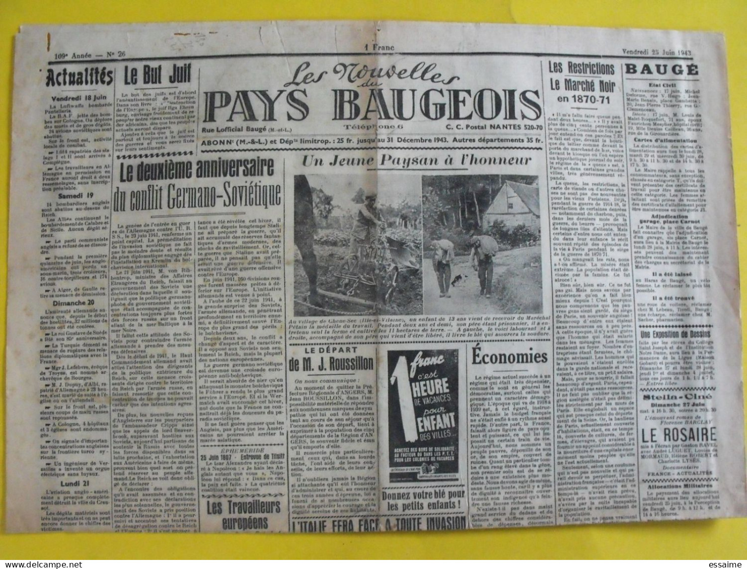 Journal Les Nouvelles Du Pays Baugeois. Baugé (49). N° 26 Du 25 Juin 1943. Rare Journal Local Collaboration Antisémite. - Autres & Non Classés