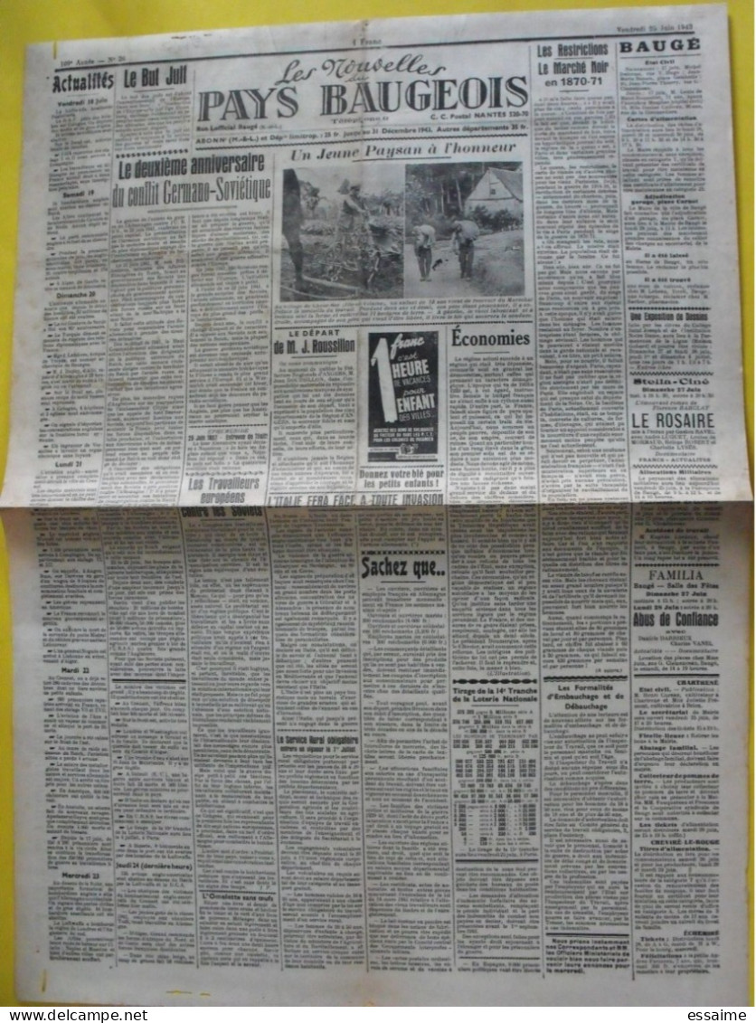 Journal Les Nouvelles Du Pays Baugeois. Baugé (49). N° 26 Du 25 Juin 1943. Rare Journal Local Collaboration Antisémite. - Other & Unclassified