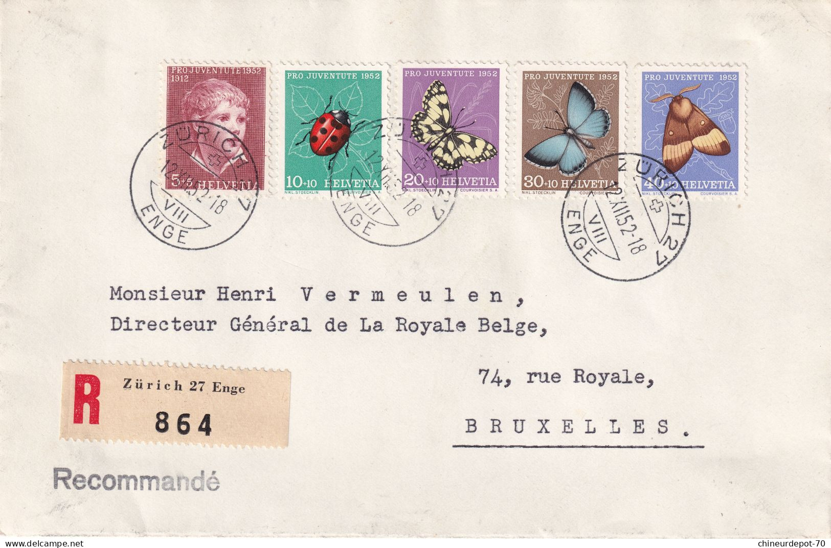 Recommandé Zurich 27 Enge 284 Pro Juventute 1952 Papillons Royale Belge  Bruxelles Compagnie Suisse De Réassurances - Brieven En Documenten