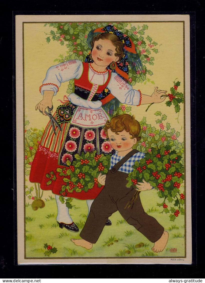 Sp10484 PORTUGAL Mint Postal Stationery /Noel Christmas 1946 Fêtes "azevinho Flowers" Plants Painting By "GUIDA Otolini" - Textiel