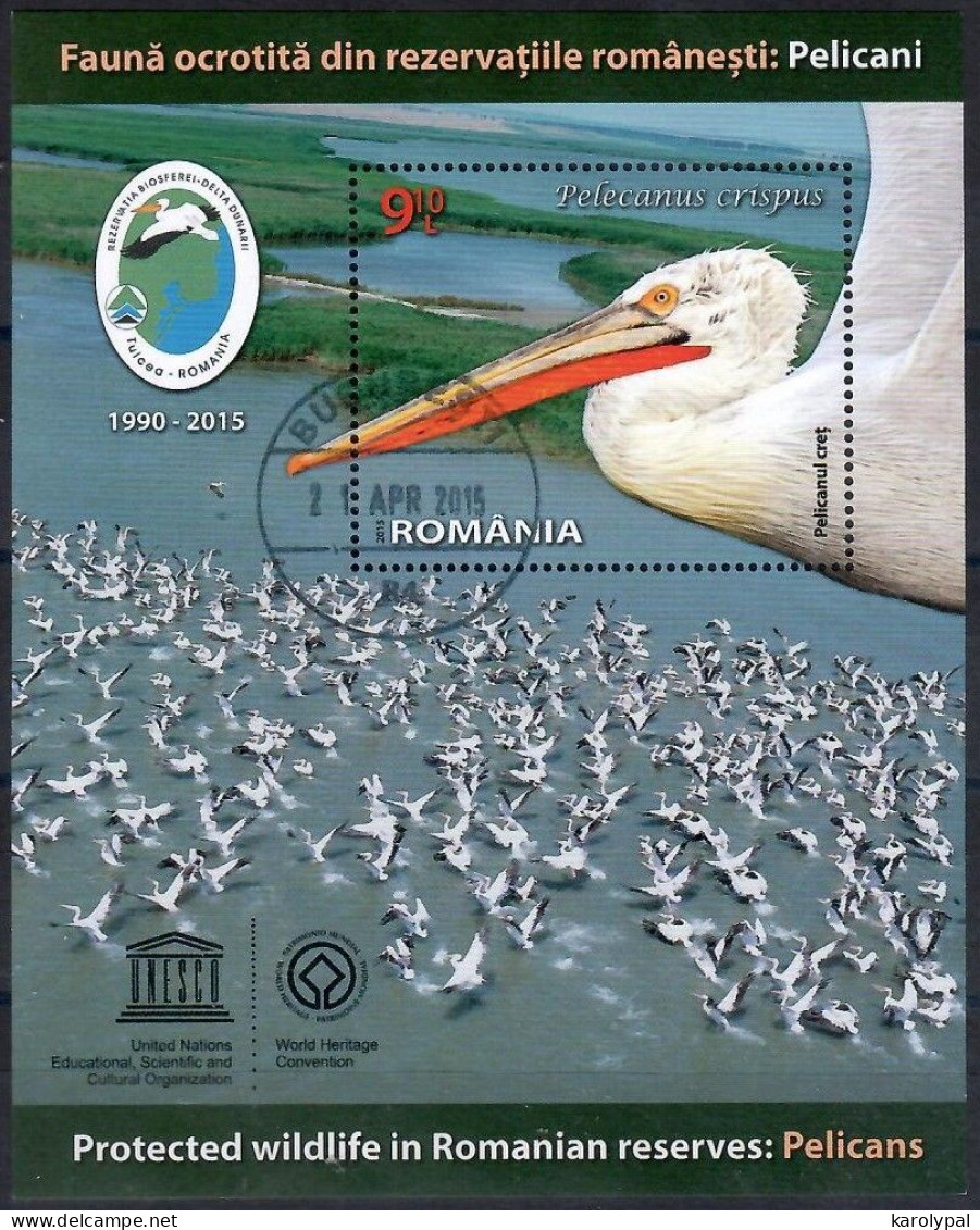 Romania, 2015  CTO, Mi. Bl. Nr. 623                     Great White Pelican (Pelecanus Onocrotalus) - Gebruikt