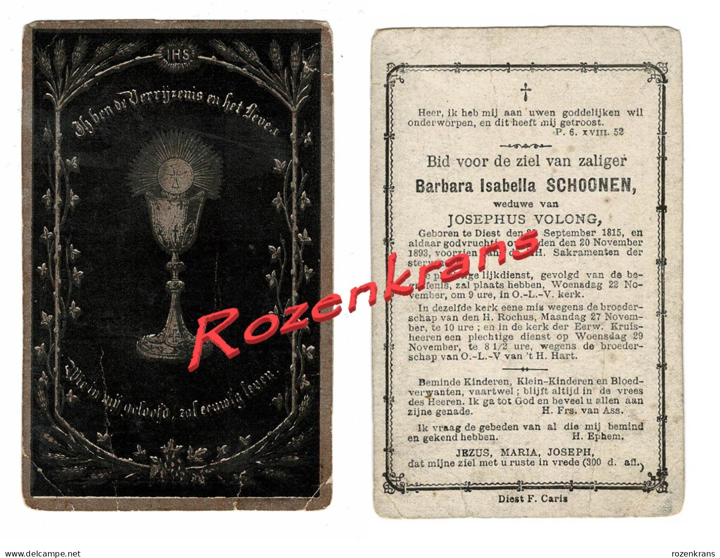 Barbara Schoonen Josephus Volong Diest 1893 Litho Zeer Oud  Doodsprentje Bidprentje - Obituary Notices