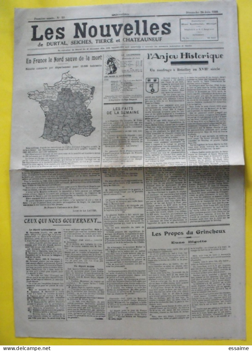 Journal Les Nouvelles De Durtal Seiches Tiercé Et Chateauneuf. N° 22 Du 24 Juin 1928. Rare Journal Local Du 49 - Altri & Non Classificati