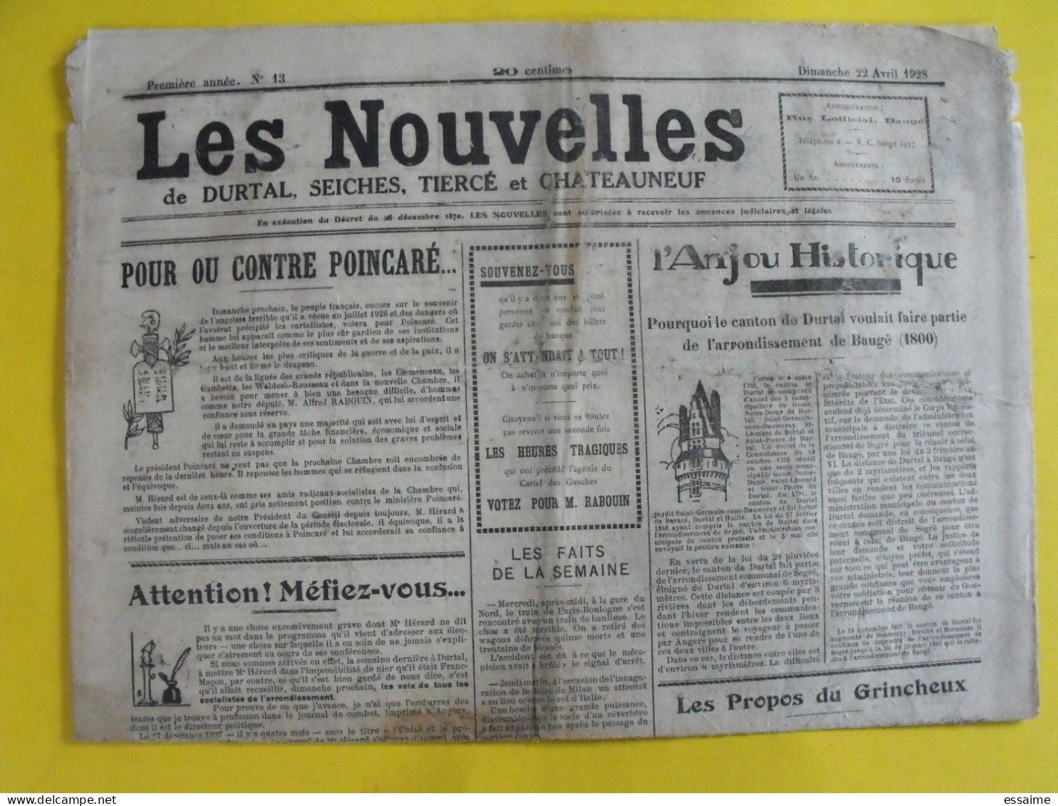 Journal Les Nouvelles De Durtal Seiches Tiercé Et Chateauneuf. N° 13 Du 22 Avril 1928. Rare Journal Local Du 49 - Sonstige & Ohne Zuordnung