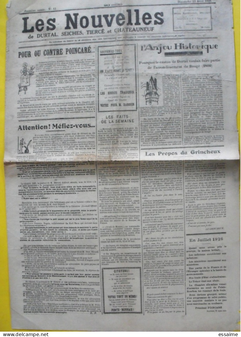 Journal Les Nouvelles De Durtal Seiches Tiercé Et Chateauneuf. N° 13 Du 22 Avril 1928. Rare Journal Local Du 49 - Autres & Non Classés