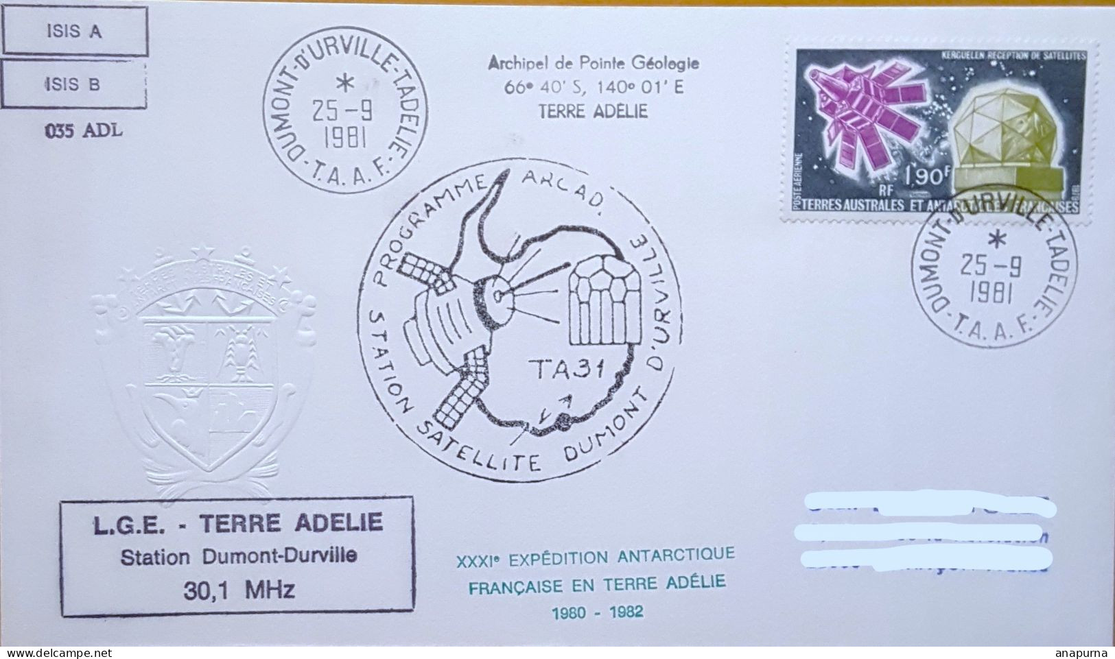 Terre Adélie, EPF, Dumont D'Urville. Cachets ARCAD, LGE, ISIS A, ISIS B,  035 ADL, Pointe Géologie, Griffe Expédition - Storia Postale