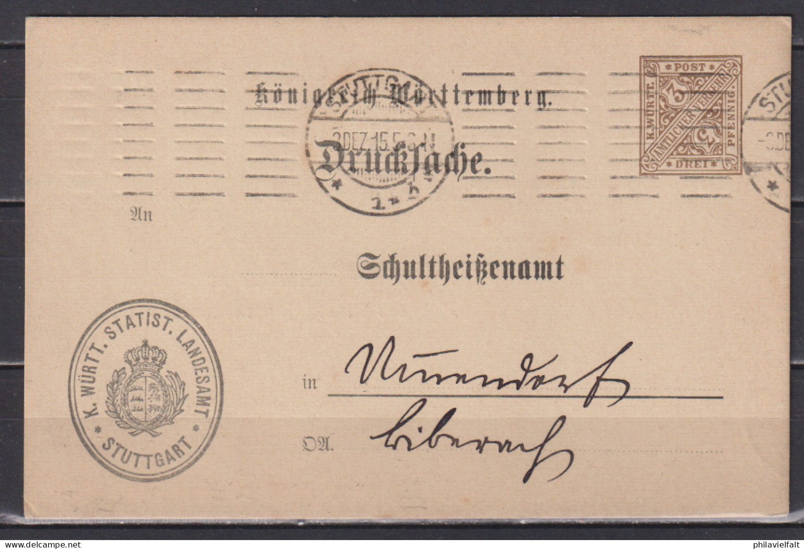 Württemberg Behörden-GZS F.Statistisches Landesamt MiNo. DPB 51 Bedarf Stuttgart 3.DEZ.15 - Postal  Stationery