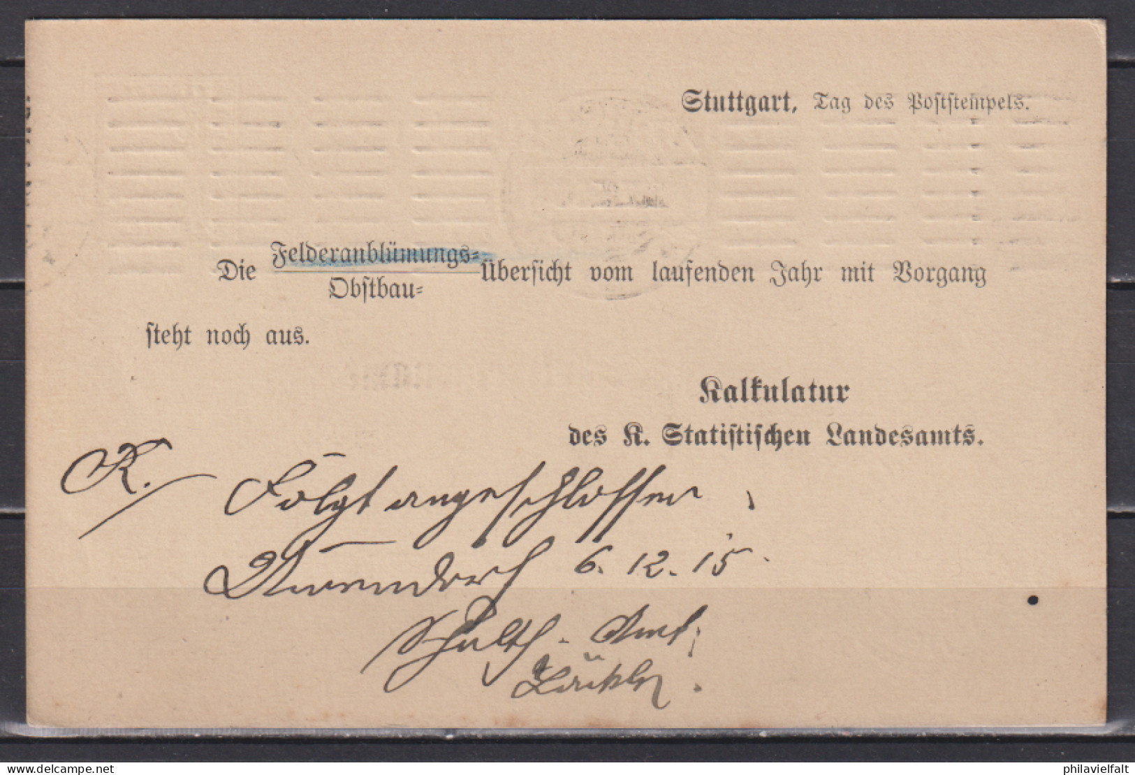 Württemberg Behörden-GZS F.Statistisches Landesamt MiNo. DPB 51 Bedarf Stuttgart 3.DEZ.15 - Postal  Stationery