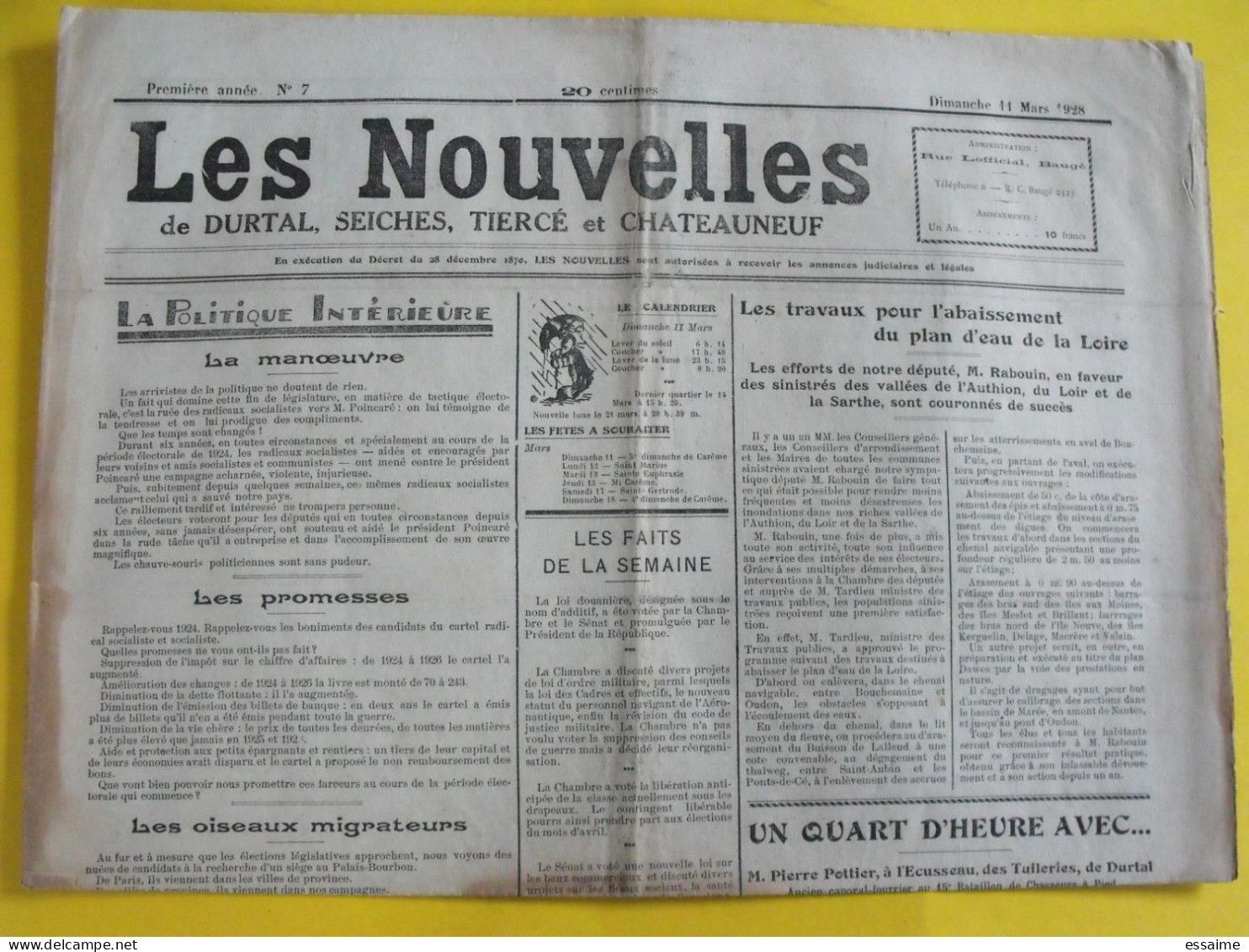 Journal Les Nouvelles De Durtal Seiches Tiercé Et Chateauneuf. N° 7 Du 11 Mars 1928. Rare Journal Local Du 49 - Other & Unclassified