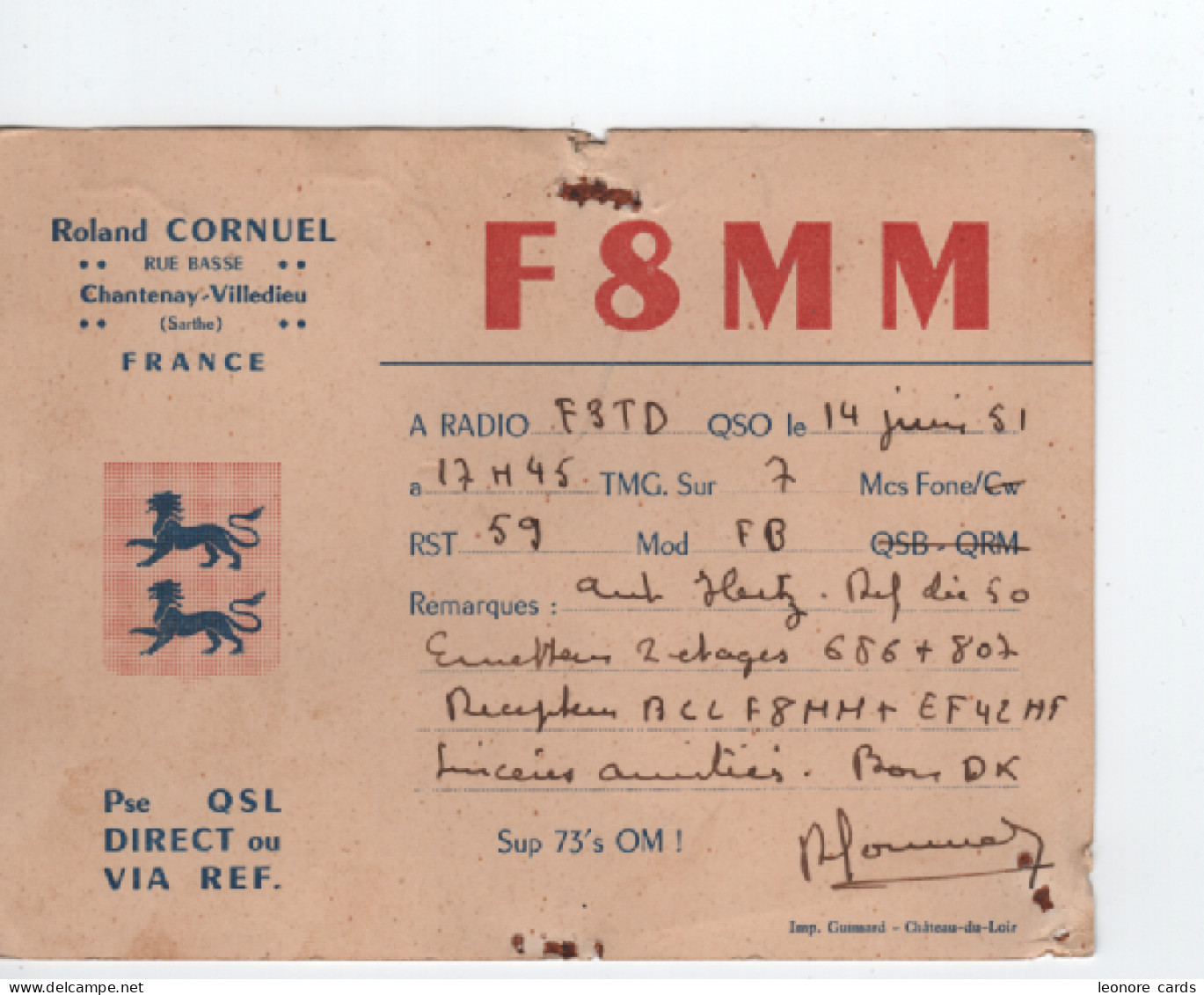 Cpa.carte QSL Radio Amateur.F8MM To F3TD.Roland Cornuel.1951 - Radio Amatoriale