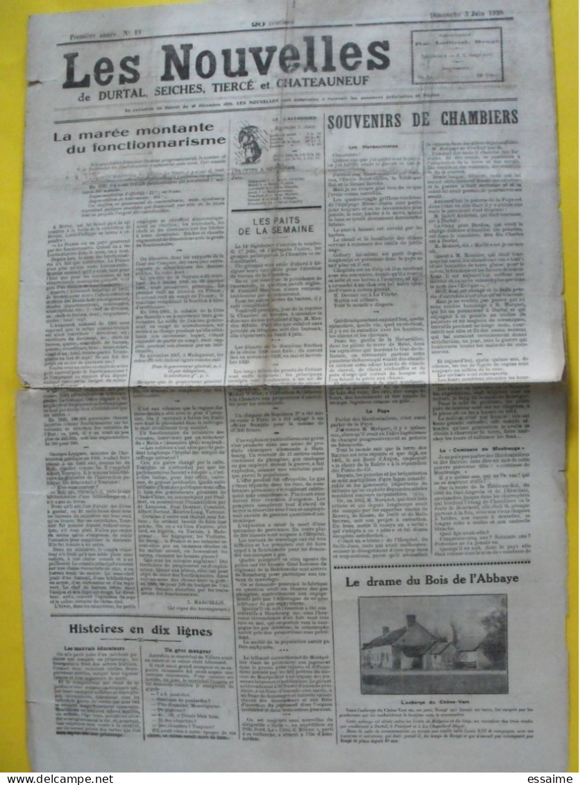 Journal Les Nouvelles De Durtal Seiches Tiercé Et Chateauneuf. N° 19 Du 3 Juin 1928. Rare Journal Local Du 49 - Other & Unclassified