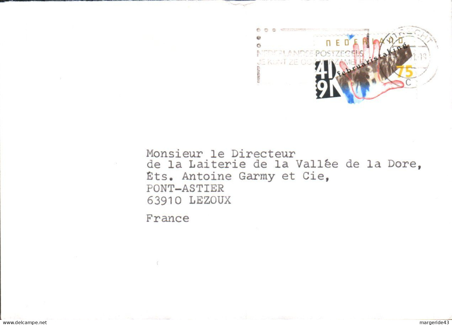 PAYS BAS SEUL SUR LETTRE POUR LA FRANCE 2001 - Briefe U. Dokumente