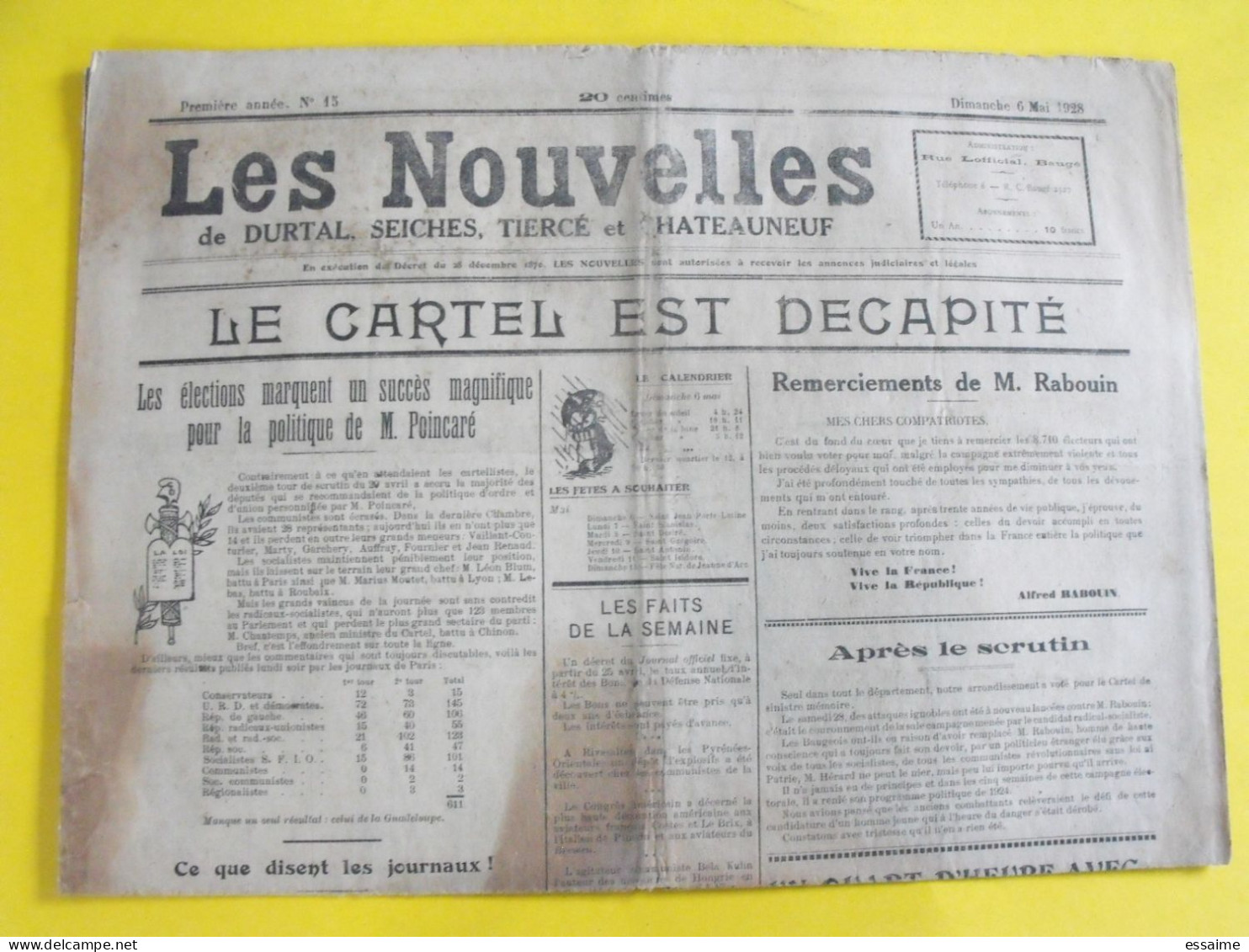 Journal Les Nouvelles De Durtal Seiches Tiercé Et Chateauneuf. N° 15 Du 6 Mai 1928. Rare Journal Local Du 49 - Altri & Non Classificati