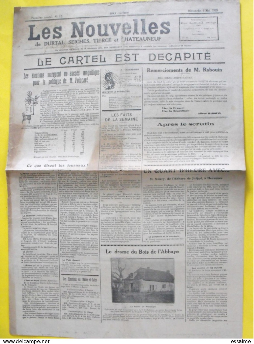 Journal Les Nouvelles De Durtal Seiches Tiercé Et Chateauneuf. N° 15 Du 6 Mai 1928. Rare Journal Local Du 49 - Altri & Non Classificati