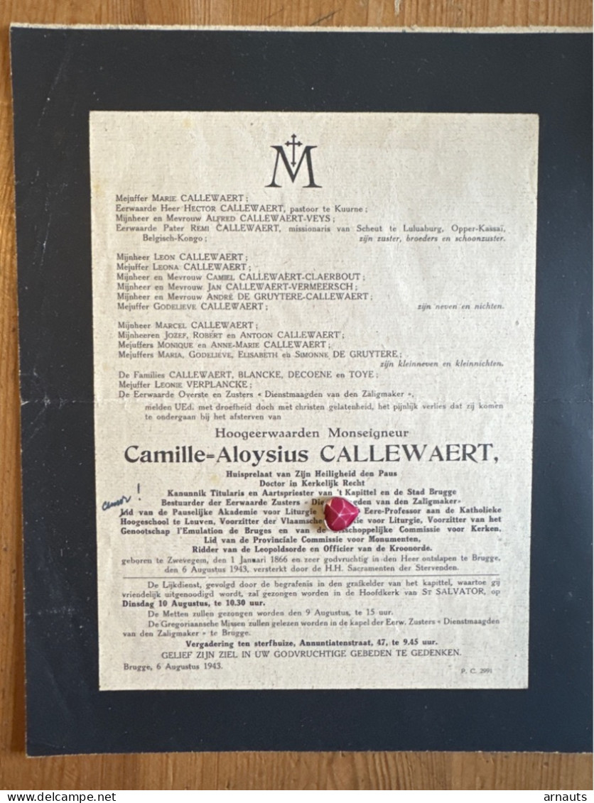 Monseigneur Camille Callewaert Huisprelaat Paus Kanunnik Prof K H Leuven *1866 Zwevegem +1943 Brugge Pauselijke Academie - Obituary Notices