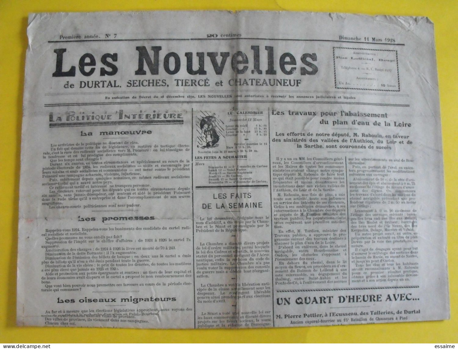 Journal Les Nouvelles De Durtal Seiches Tiercé Et Chateauneuf. N° 7 Du 11 Mars 1928. Rare Journal Local Du 49 - Other & Unclassified