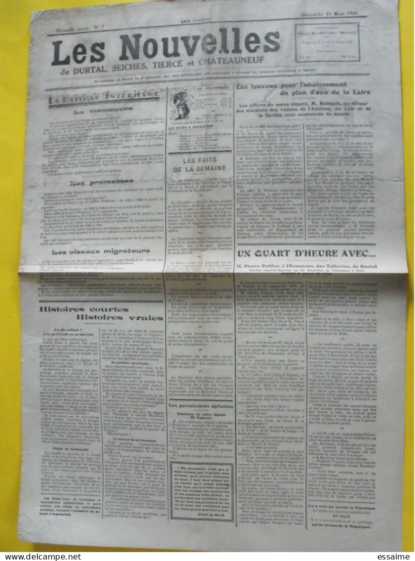 Journal Les Nouvelles De Durtal Seiches Tiercé Et Chateauneuf. N° 7 Du 11 Mars 1928. Rare Journal Local Du 49 - Other & Unclassified