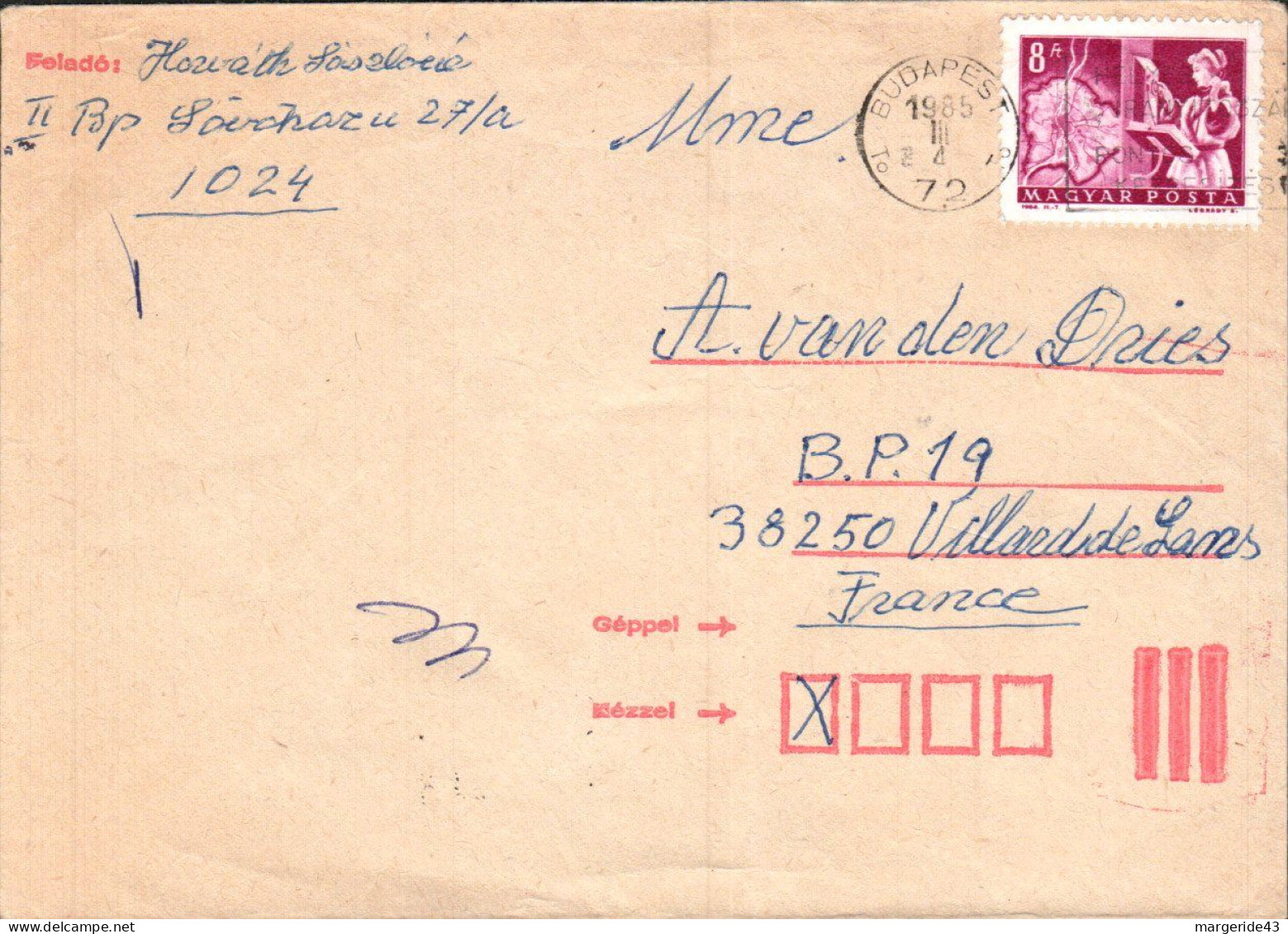 HONGRIE SEUL SUR LETTRE POUR LA FRANCE 1985 - Briefe U. Dokumente