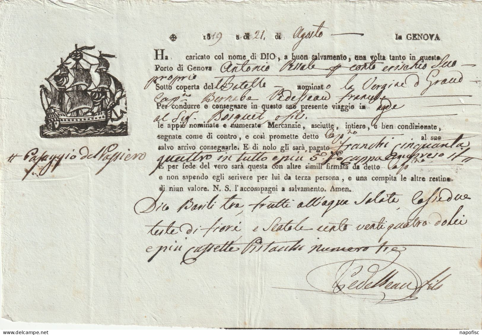 Connaissement A.R..le .Navire La Vergine D Grand  Capitaine B.Defreau..Genova (Genes).. 1819 - Trasporti