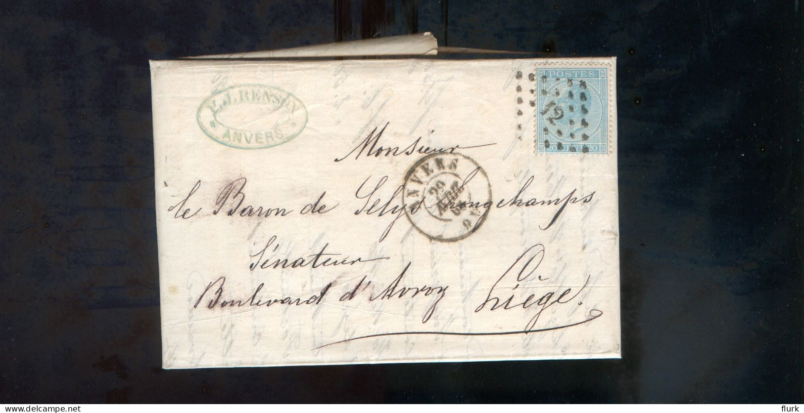 België OCB18 Gestempeld Op Brief Anvers-Liège 1868 Perfect (2 Scans) - 1865-1866 Profiel Links