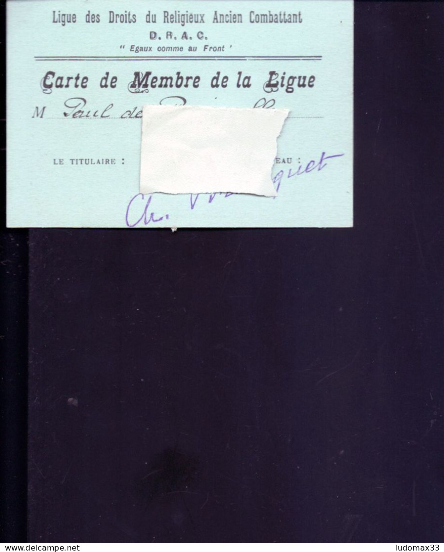 Carte DRAC Ligue Des Droits Religieux Du Combattant  1933 A 1940 - Documenti