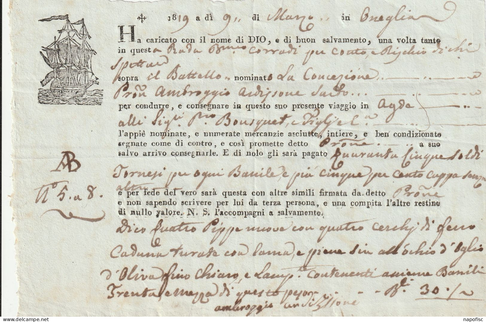 Connaissement B.Corradi Navire La Concepione  Capitaine A.Ardissone..Oneglia > Imperia. 1819 - Trasporti