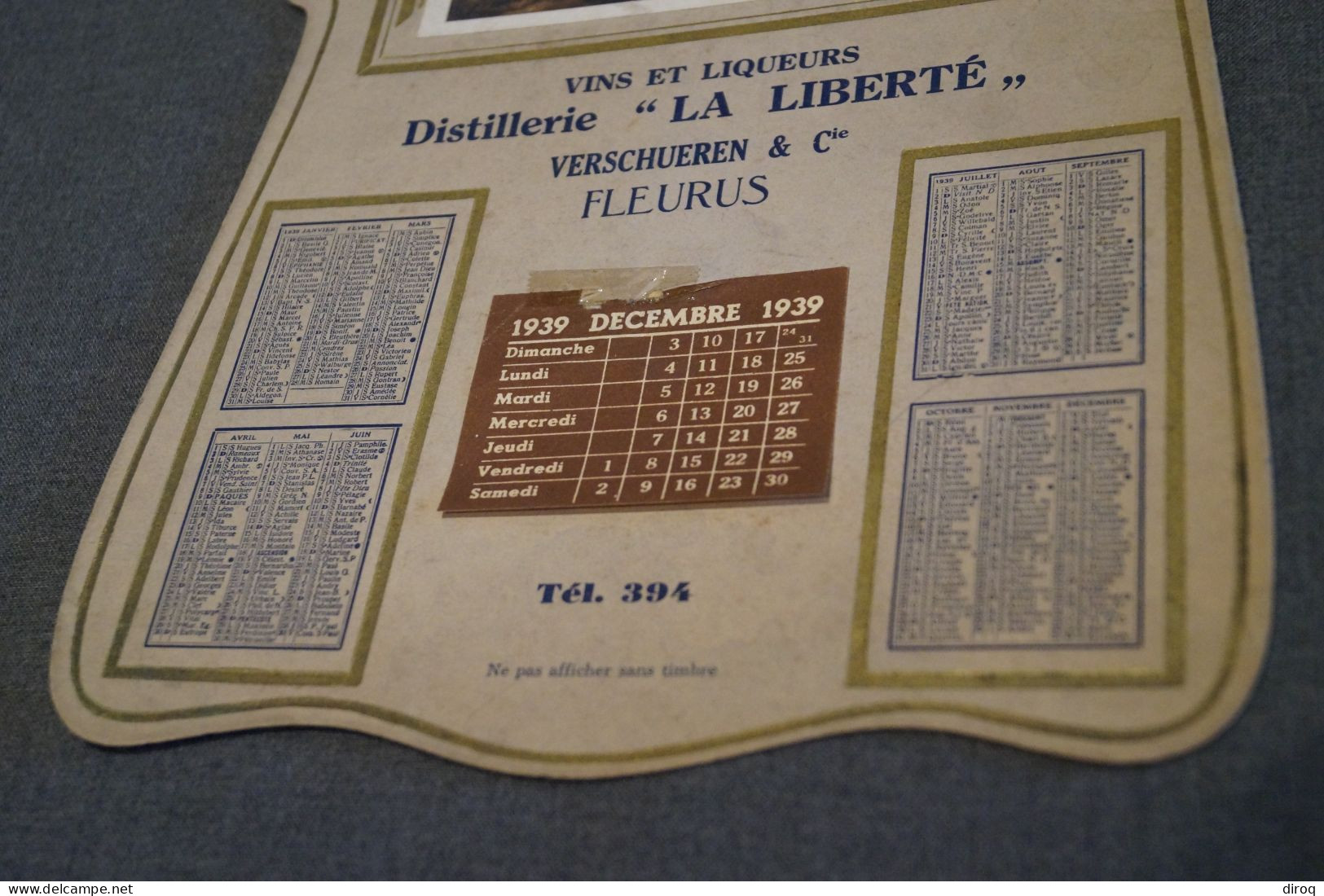 Ancien Grand Calendrier Publicitaire,Fleurus, 1939,Verschueren Et Cie. La Liberté , 34 Cm. Sur 24 Cm. - Groot Formaat: 1921-40