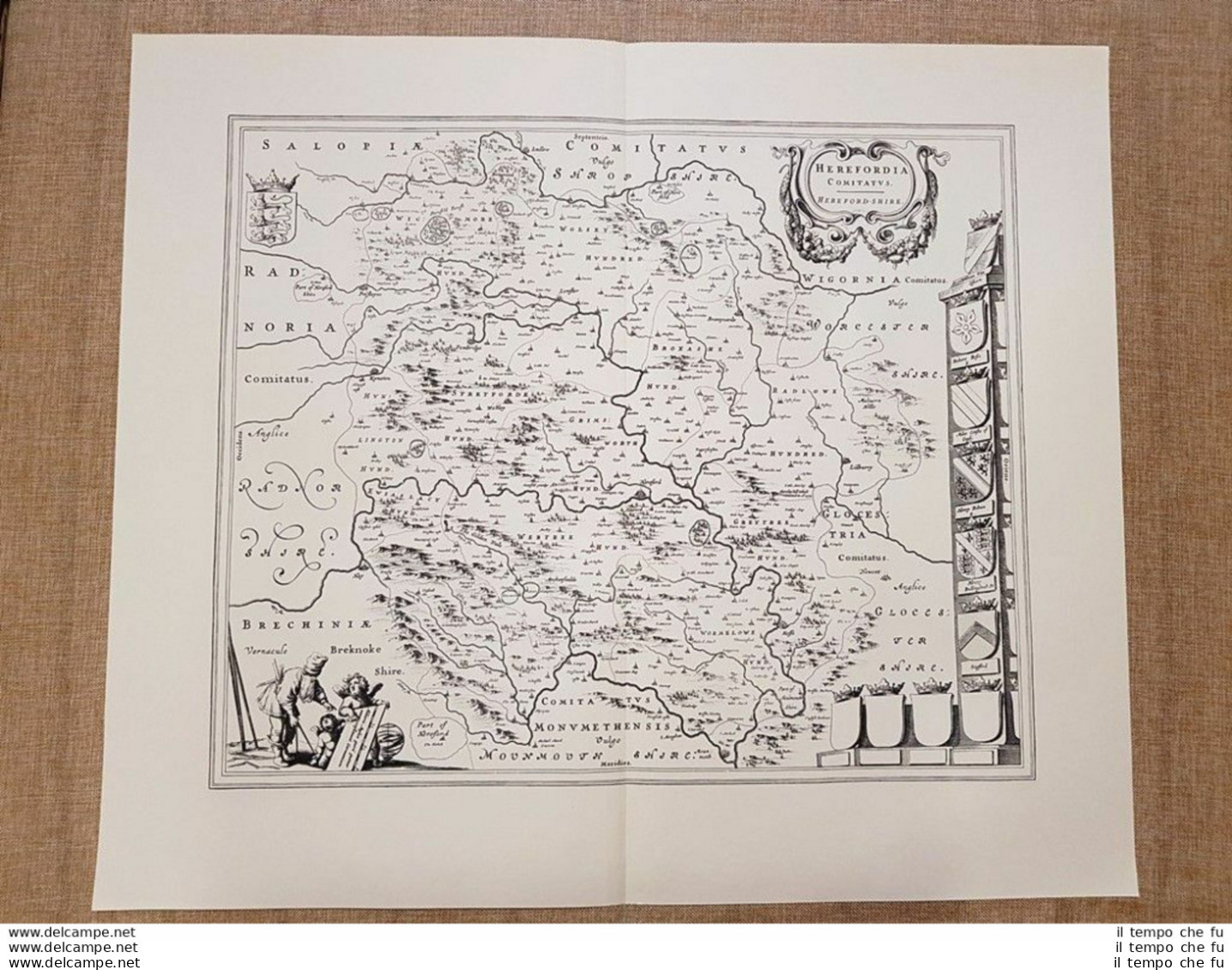 Carta Geografica O Mappa Herefordshire U.K. Anno 1648 Joan Blaeu Ristampa - Geographische Kaarten