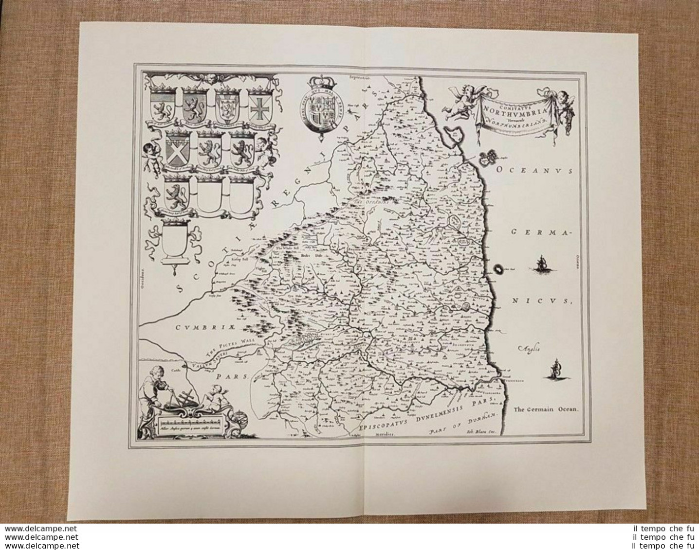 Carta Geografica O Mappa Northumberland U.K. Anno 1645 Joan Blaeu Ristampa - Carte Geographique