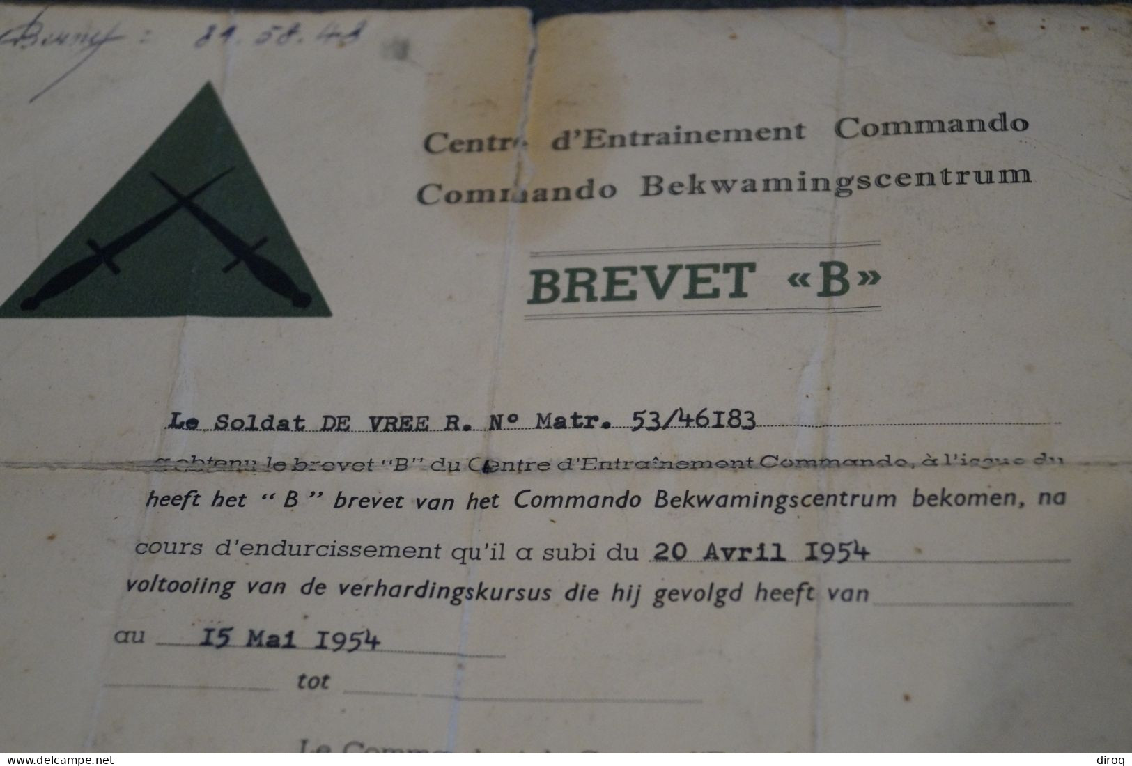 Ancien Brevet B De Commando,Soldat De Vree 1954,original Pour Collection,militaria - Dokumente