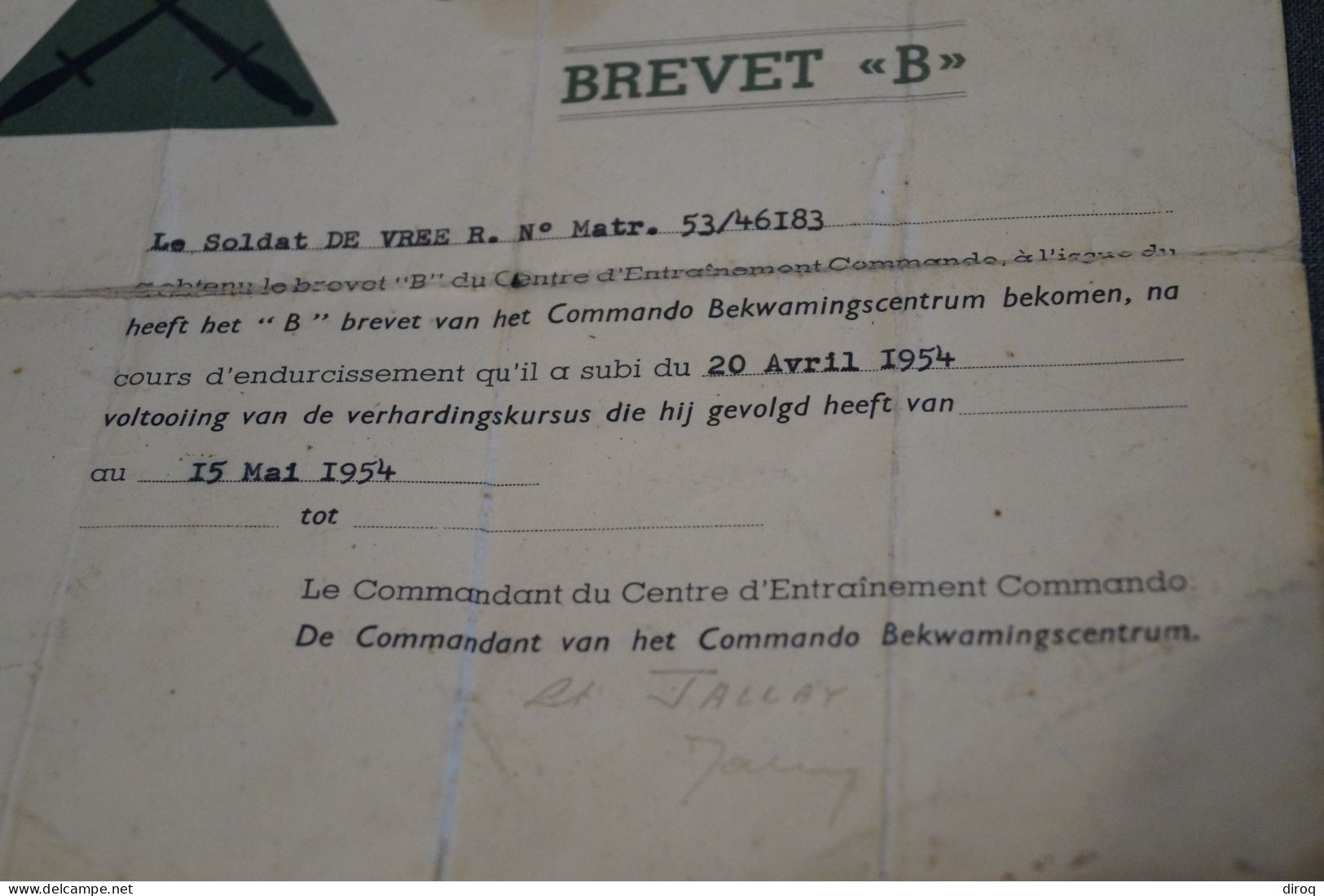 Ancien Brevet B De Commando,Soldat De Vree 1954,original Pour Collection,militaria - Documenten