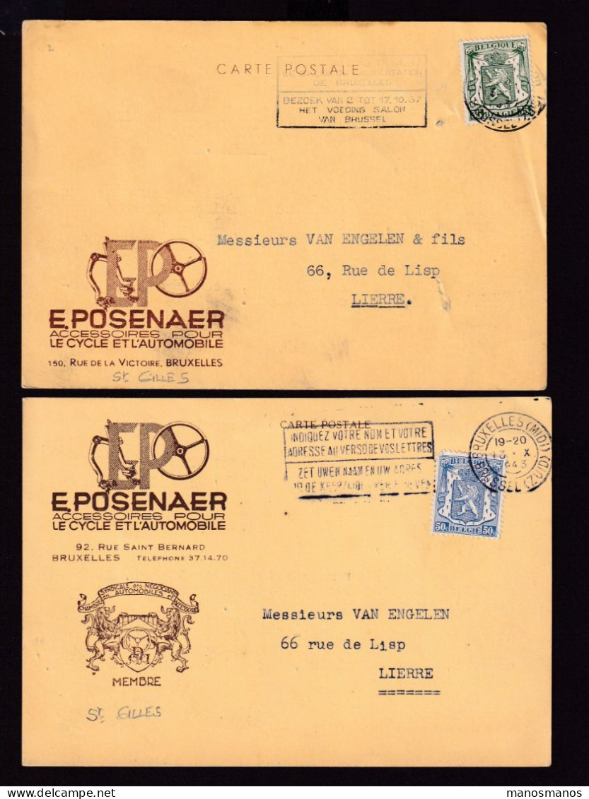 DDFF 986 -- BELGIQUE VELO - 2 X Carte Illustrée TP Petit Sceau BRUXELLES 1937 - Posenaer, Accessoires Cycles Et Autos - Wielrennen