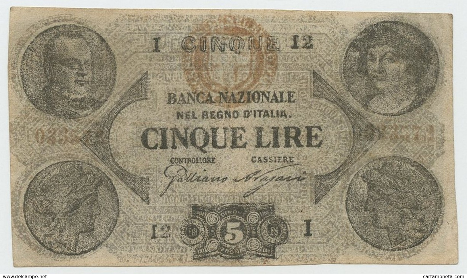 5 LIRE FALSO D'EPOCA BANCA NAZIONALE NEL REGNO D'ITALIA 30/10/1867 BB+ - [ 8] Vals En Specimen