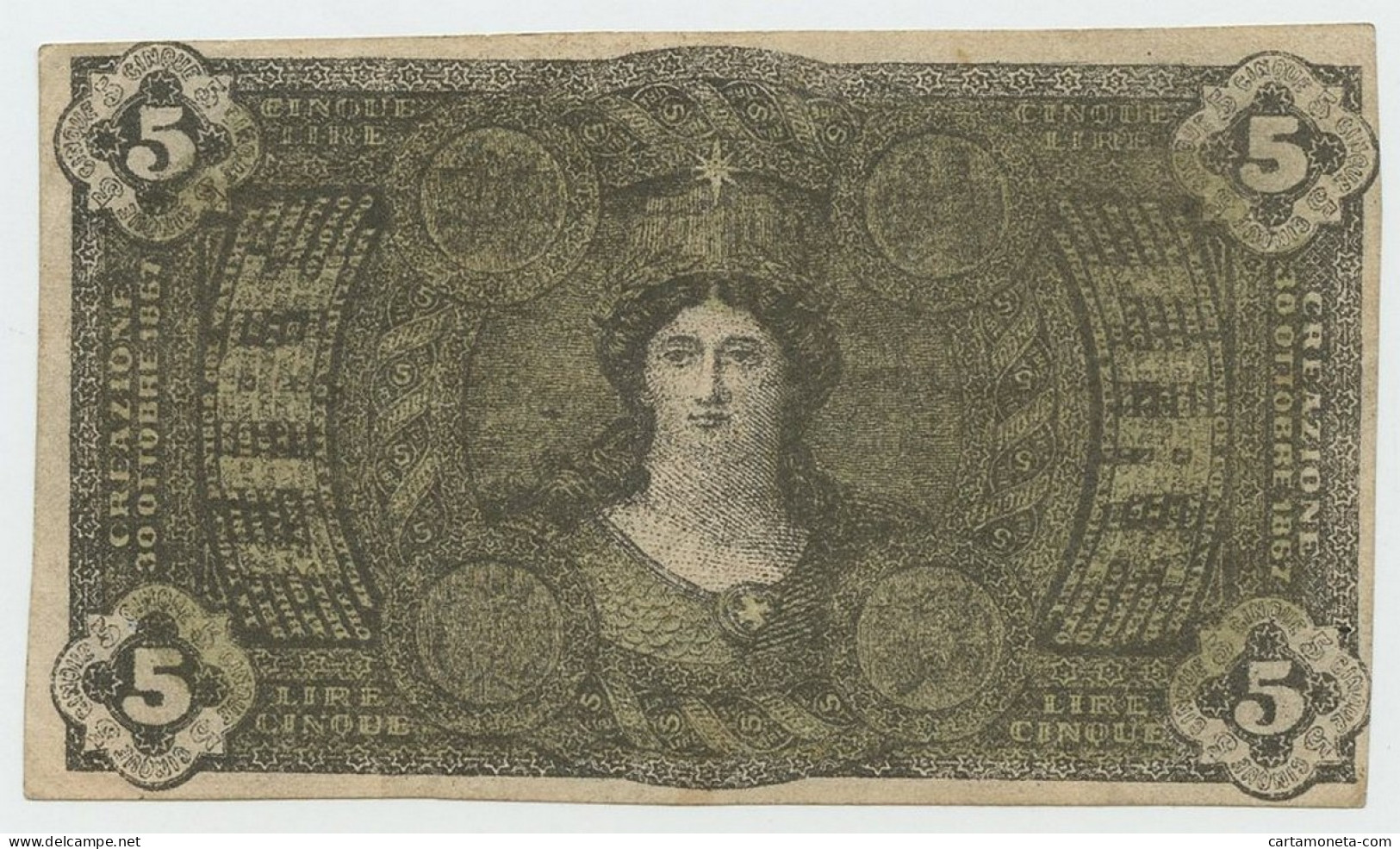 5 LIRE FALSO D'EPOCA BANCA NAZIONALE NEL REGNO D'ITALIA 30/10/1867 BB+ - [ 8] Vals En Specimen