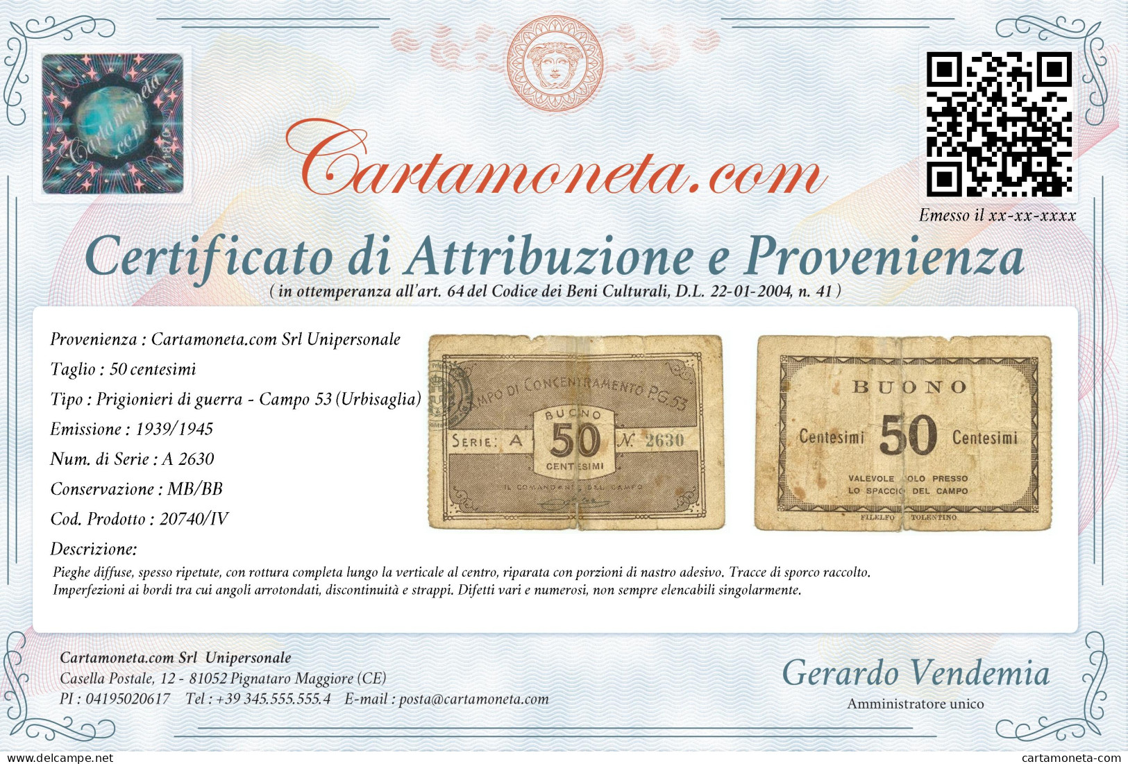 50 CENTESIMI PRIGIONIERI DI GUERRA WWII CAMPO 53 URBISAGLIA 1939/1945 MB/BB - Other & Unclassified