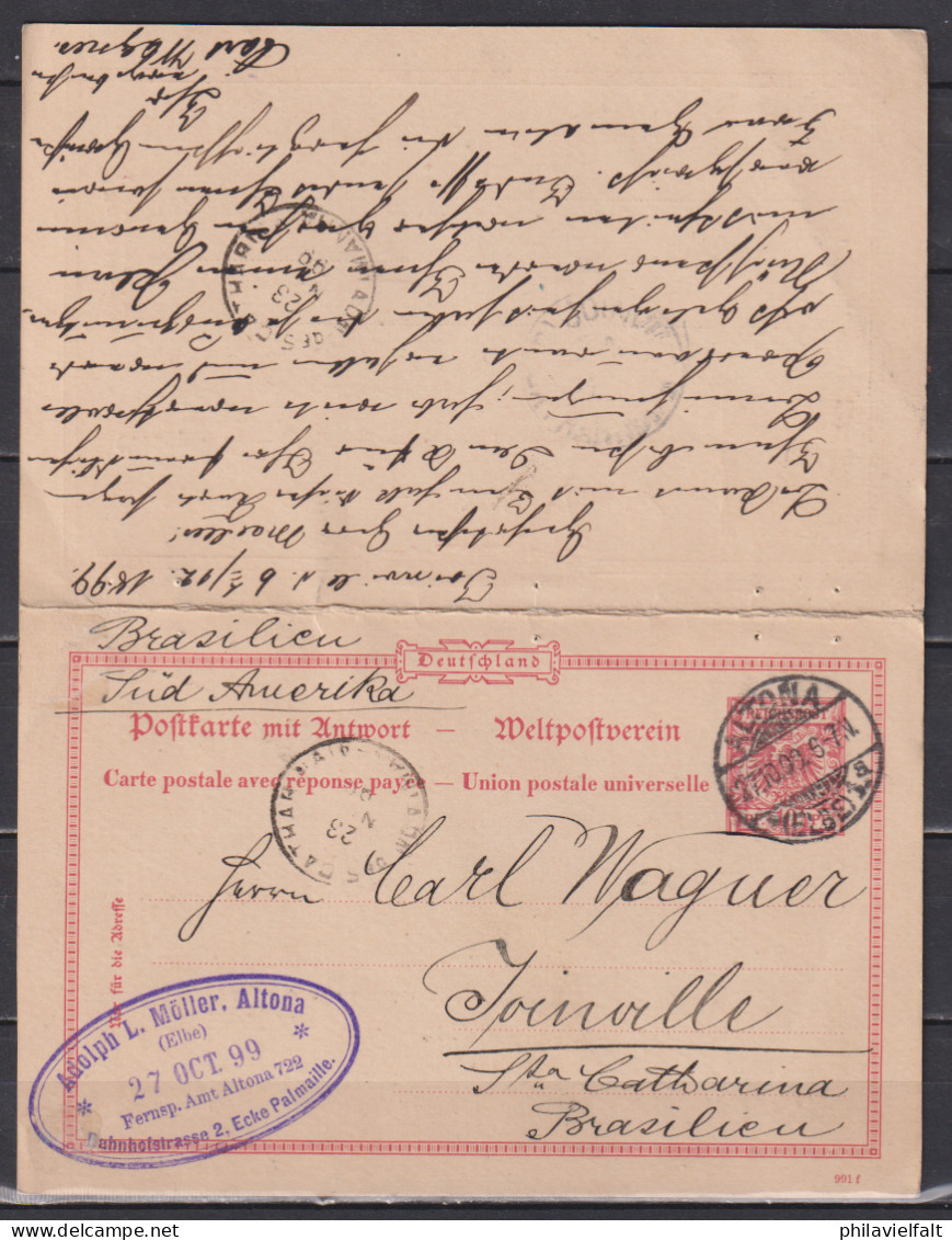 Dt.Reich Auslands-Doppelkarte P 27/01 Oo Von Altona 1899 Nach Brasilien Und Zurück, Seltene Doppelverwendung - Cartoline