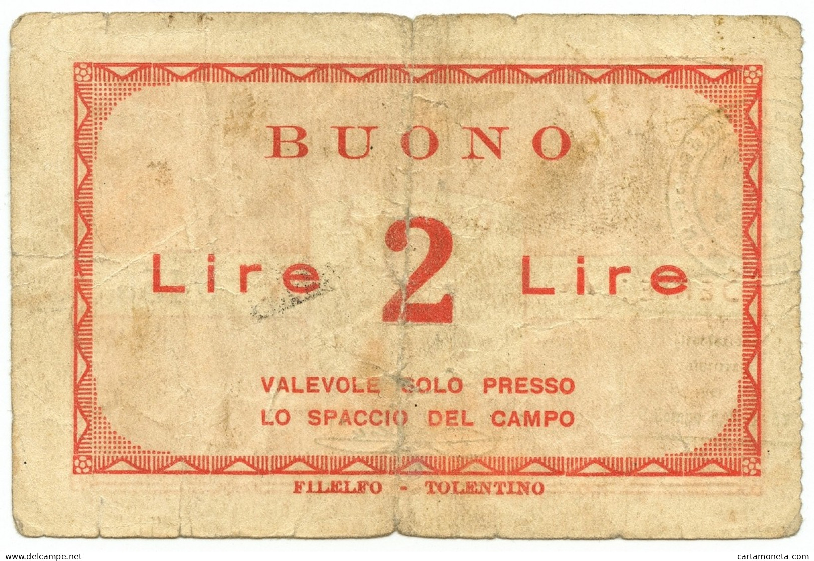 2 LIRE PRIGIONIERI DI GUERRA CAMPO DI CONCENTRAMENTO 53 URBISAGLIA 1939/1945 BB- - Other & Unclassified