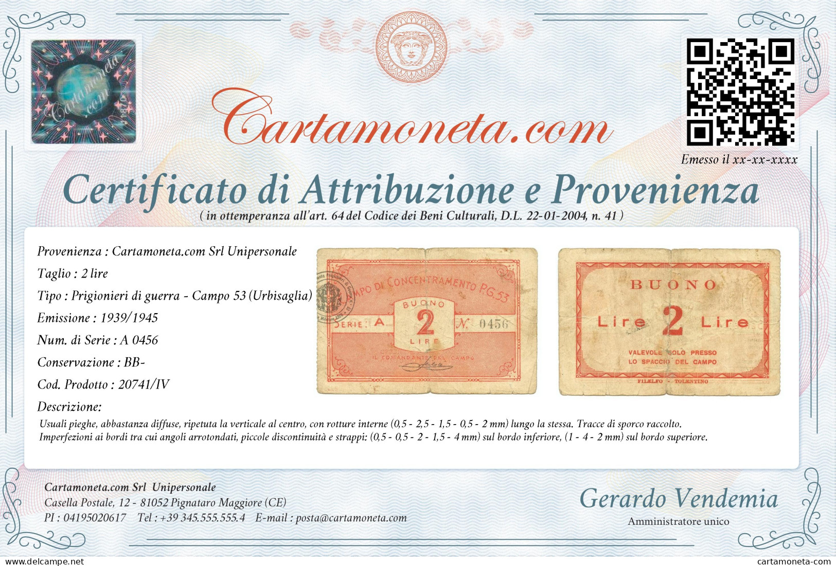 2 LIRE PRIGIONIERI DI GUERRA CAMPO DI CONCENTRAMENTO 53 URBISAGLIA 1939/1945 BB- - Other & Unclassified