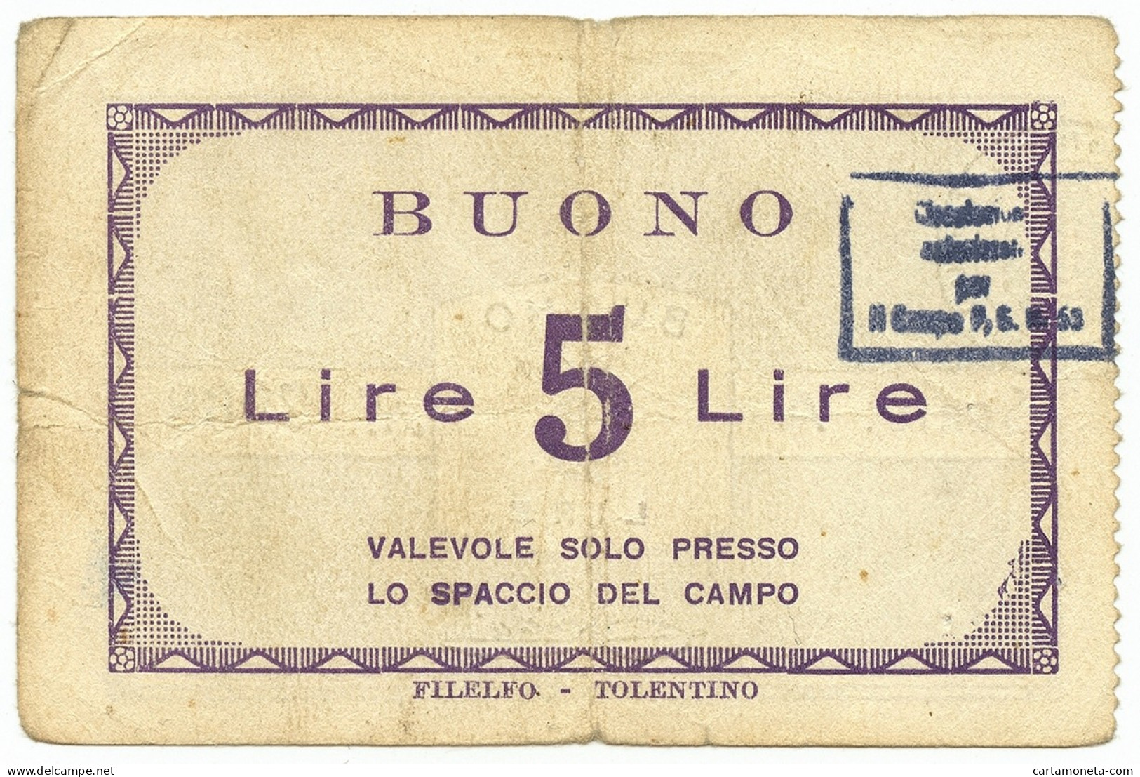 5 LIRE PRIGIONIERI DI GUERRA CAMPO CONCENTRAMENTO N. 53 URBISAGLIA 1939/1945 BB - Altri & Non Classificati