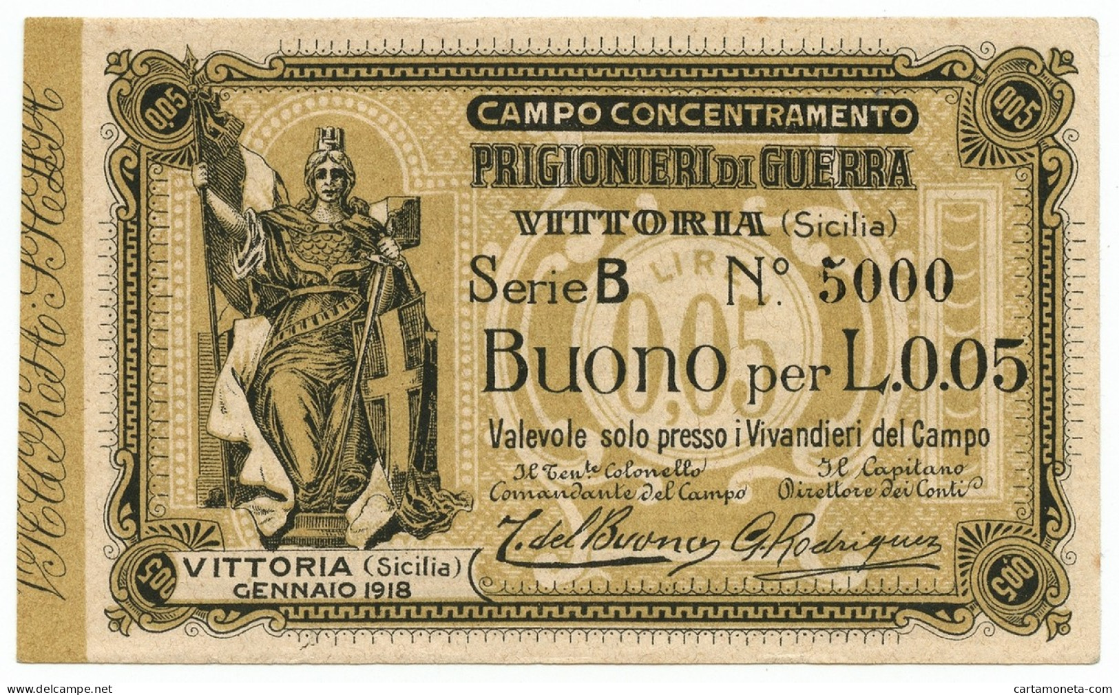 5 CENTESIMI CAMPO CONCENTRAMENTO PRIGIONIERI GUERRA VITTORIA GENNAIO 1918 SUP- - Andere & Zonder Classificatie