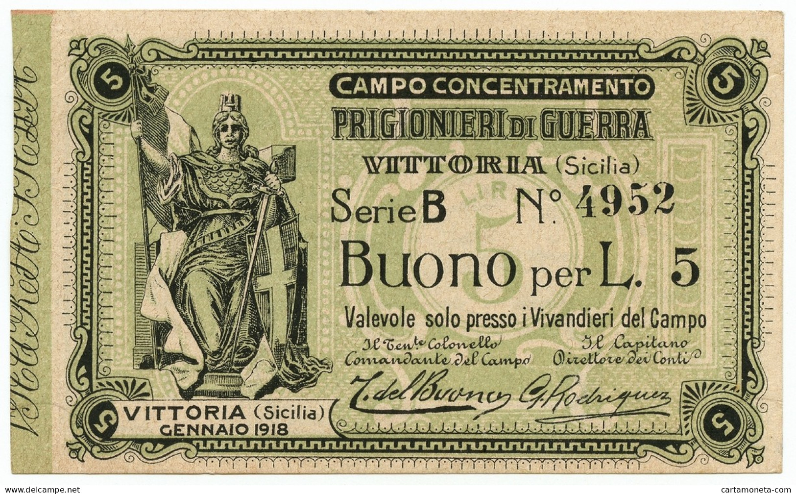 5 LIRE CAMPO CONCENTRAMENTO PRIGIONIERI DI GUERRA WWI VITTORIA GENNAIO 1918 SUP - Autres & Non Classés