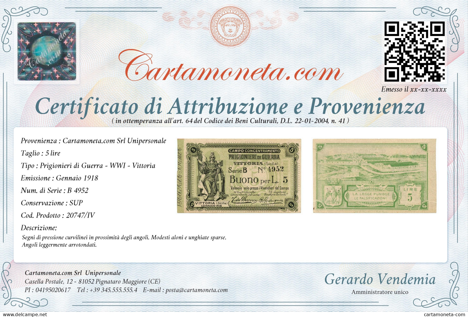 5 LIRE CAMPO CONCENTRAMENTO PRIGIONIERI DI GUERRA WWI VITTORIA GENNAIO 1918 SUP - Other & Unclassified