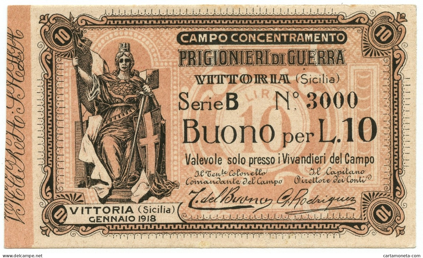 10 LIRE CAMPO CONCENTRAMENTO PRIGIONIERI GUERRA WWI VITTORIA GENNAIO 1918 SUP+ - Sonstige & Ohne Zuordnung